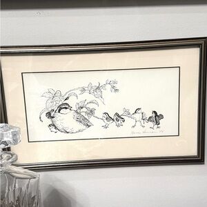 Vintage 1975 NANCY HENNON Signed Black And White Pen & Ink Quail And Babies 9x14